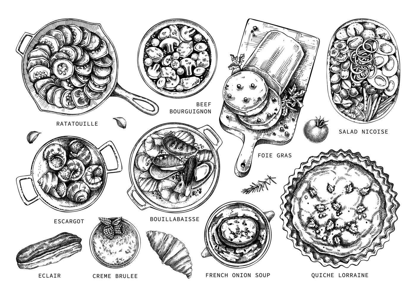 French Cuisine Dishes Vintage Collection Illustration